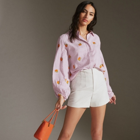 Anthropologie Maeve Embroidered Button down Shirt In Assorted Fruit Striped LG - Picture 15 of 15